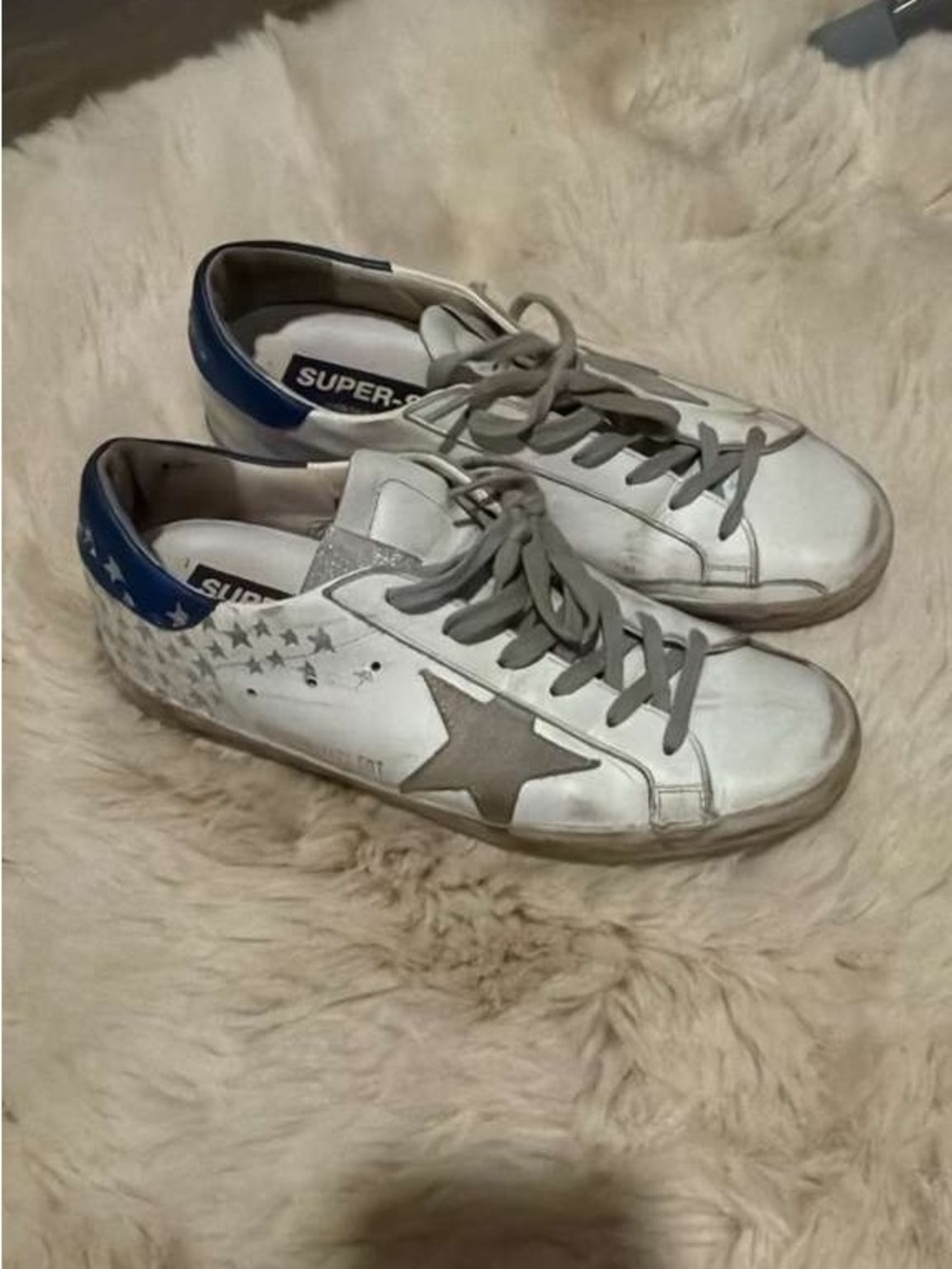 Golden Goose White Sneakers with Blue Heel and Gray Star